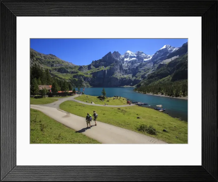 Framed Print : Hikers around Lake Oeschinensee, Bernese Oberland, Kandersteg, Canton of Bern, Switzerland Framed Print : Hikers around Lake Oeschinensee, Bernese Oberland, Kandersteg, Canton of Bern, Switzerland