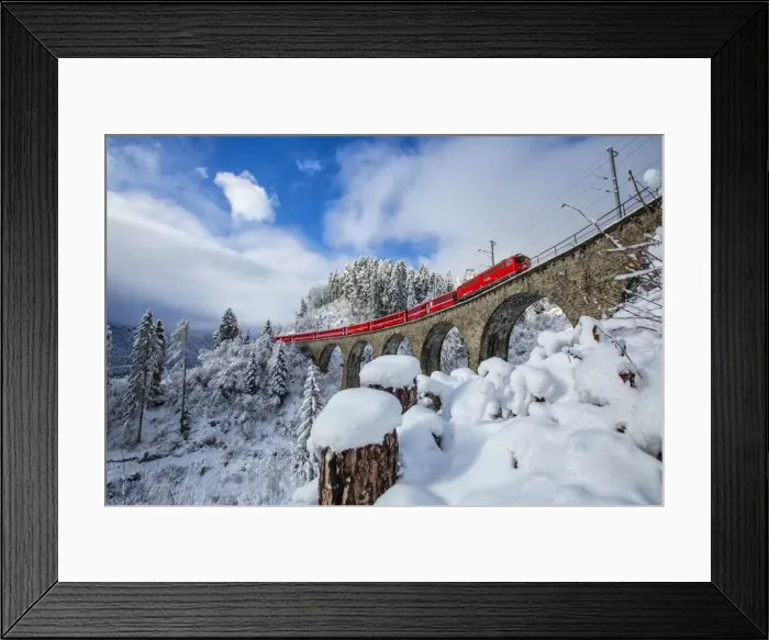 Framed Print : Bernina Express passes through the snowy woods around Filisur, Canton of Grisons (Graubunden) Framed Print : Bernina Express passes through the snowy woods around Filisur, Canton of Grisons (Graubunden)
