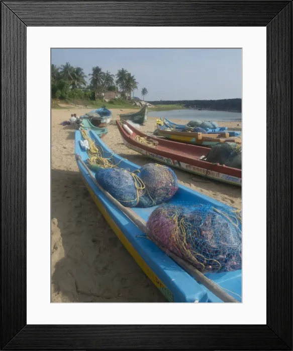 Framed Print : Fishing boats and nets on the beach at the French union territory of Pondicherry Framed Print : Fishing boats and nets on the beach at the French union territory of Pondicherry