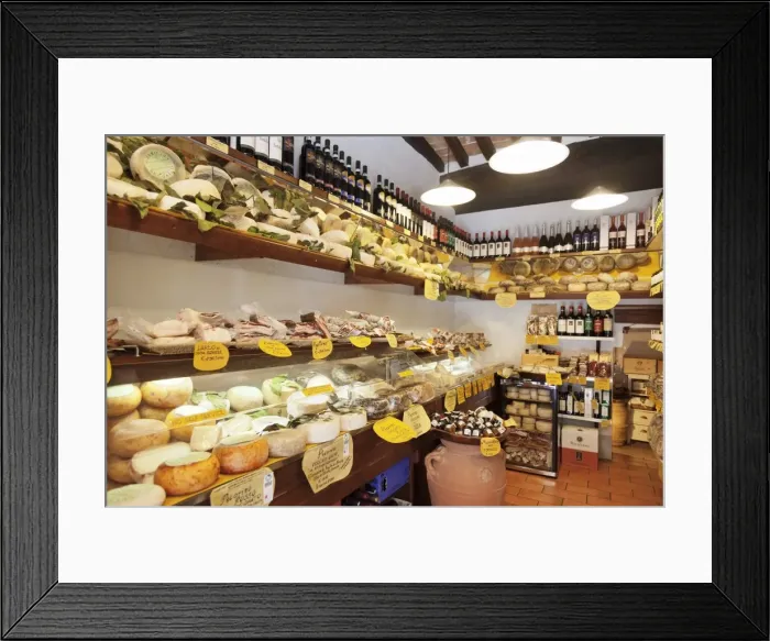 Framed Print : Delicacies Shop selling Pecorino Cheese and Ricatino Bacon, Pienza, Val d Orcia (Orcia Valley) Framed Print : Delicacies Shop selling Pecorino Cheese and Ricatino Bacon, Pienza, Val d Orcia (Orcia Valley)