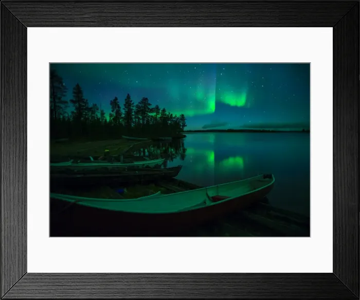 Framed Print : Beached canoes and Aurora Borealis and stars reflected in lake at night, Muonio, Lapland Framed Print : Beached canoes and Aurora Borealis and stars reflected in lake at night, Muonio, Lapland