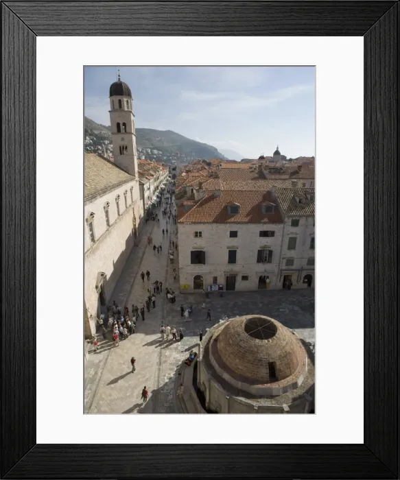 Framed Print : The Big Fountain of Onofro and view along Stradun Street, tower of the Church of St Framed Print : The Big Fountain of Onofro and view along Stradun Street, tower of the Church of St