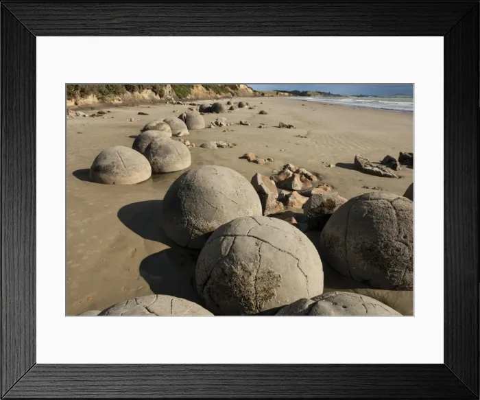 Framed Print : Septarian nodules washed out from cliff of Palaeocene clays, Moeraki Boulders, Dunedin Framed Print : Septarian nodules washed out from cliff of Palaeocene clays, Moeraki Boulders, Dunedin