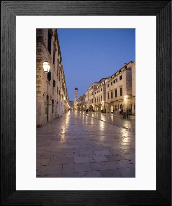 Framed Print : Early morning view along Stradun Street, tower of the Church of St. Saviour Framed Print : Early morning view along Stradun Street, tower of the Church of St. Saviour