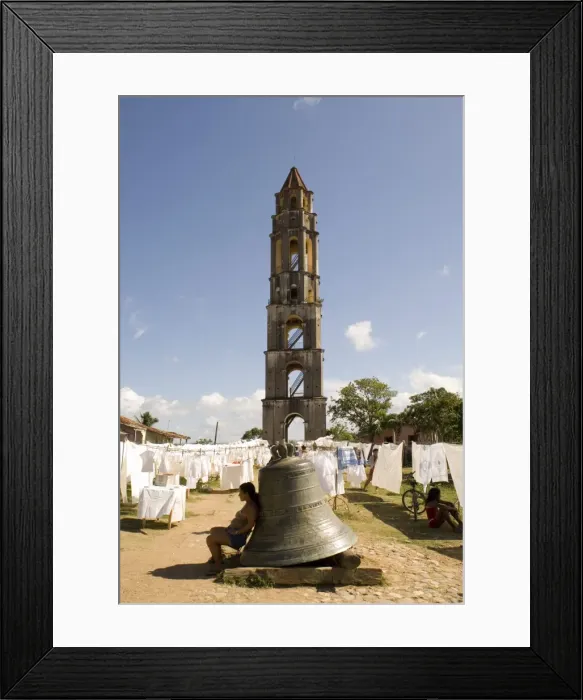 Framed Print : Hand crafted linens for sale beside the Manaca Iznaga Estate Tower and a bell which used to be rung to announce work hours for slaves on the plantation, Valle de los Ingenios, Eastern Cuba, Cuba, West Indies Framed Print : Hand crafted linens for sale beside the Manaca Iznaga Estate Tower and a bell which used to be rung to announce work hours for slaves on the plantation, Valle de los Ingenios, Eastern Cuba, Cuba, West Indies