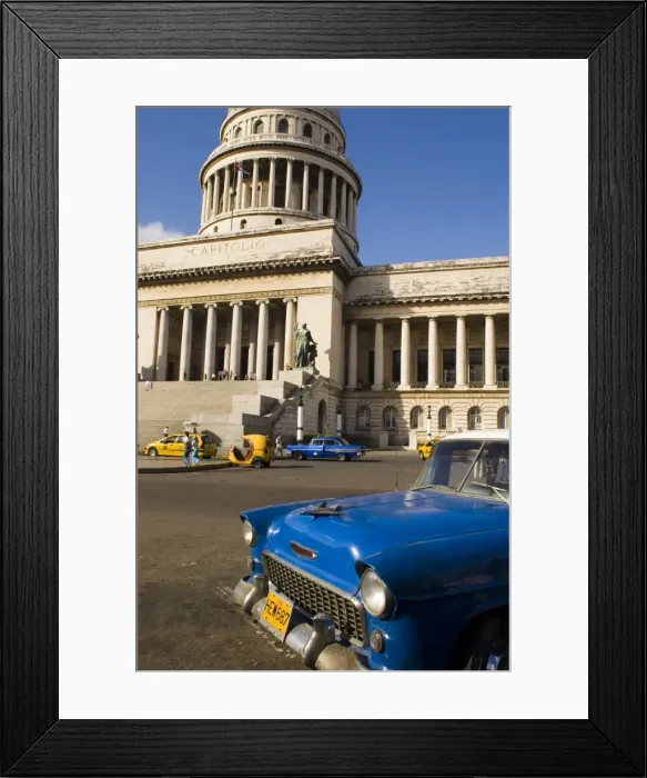 Framed Print : A blue vintage 1950s American Chevy in front of the Capitolio in central Havana Framed Print : A blue vintage 1950s American Chevy in front of the Capitolio in central Havana