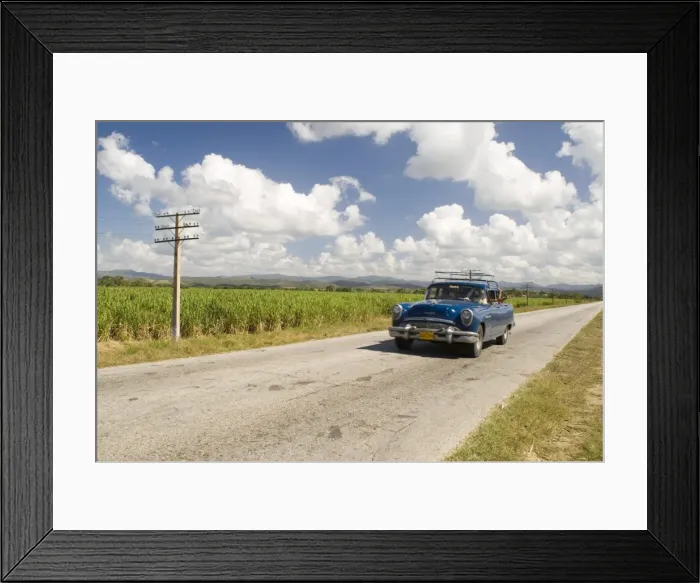 Framed Print : A vintage 1950s American Buick driving along a road through fields of sugar cane in Sancti Spiritus, Cuba, West Indies Framed Print : A vintage 1950s American Buick driving along a road through fields of sugar cane in Sancti Spiritus, Cuba, West Indies
