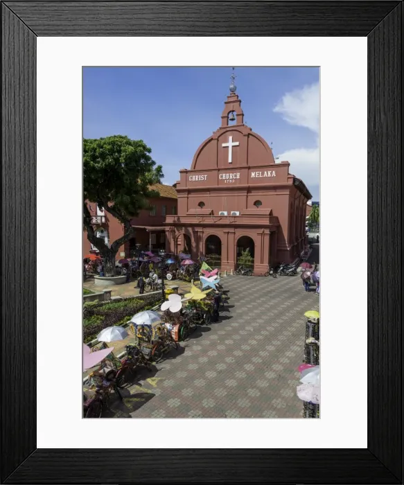 Framed Print : Rickshaws outside Christ Church in the town square, Melaka (Malacca), UNESCO World Heritage Site Framed Print : Rickshaws outside Christ Church in the town square, Melaka (Malacca), UNESCO World Heritage Site