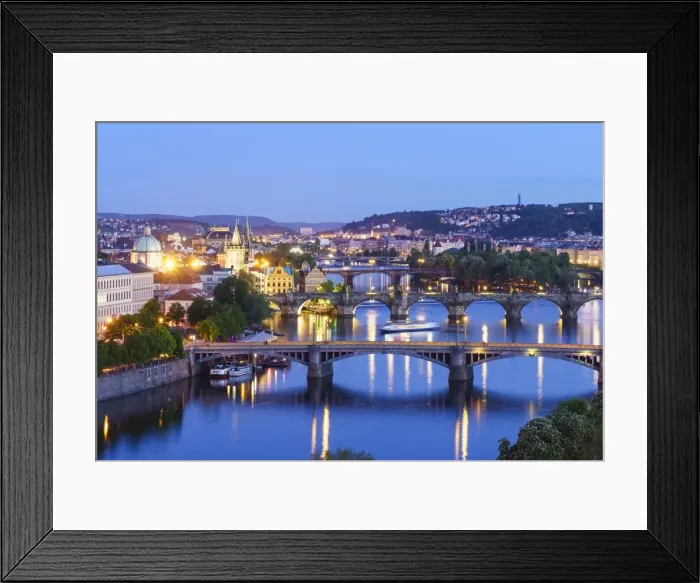 Framed Print : Looking down the Vltava River to Manesuv, Charles and Legii bridges connecting Framed Print : Looking down the Vltava River to Manesuv, Charles and Legii bridges connecting