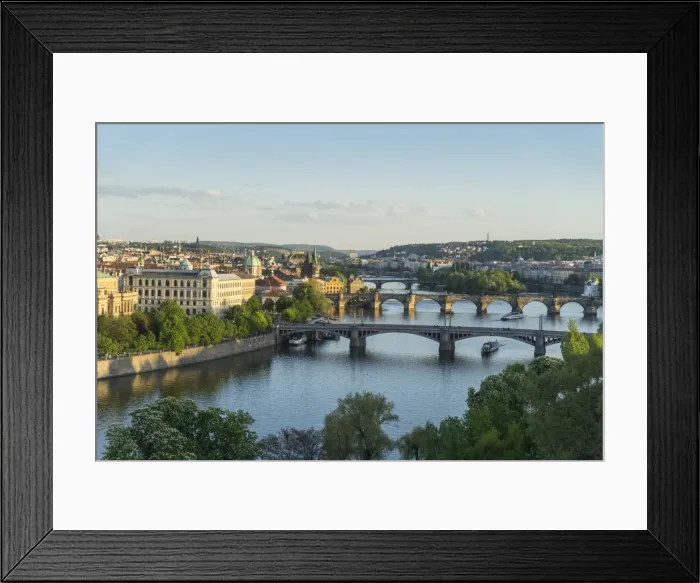 Framed Print : Cityscape looking down the Vltava River at the bridges connecting the Old Town to Mala Strana Framed Print : Cityscape looking down the Vltava River at the bridges connecting the Old Town to Mala Strana