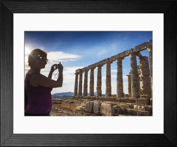 Framed Print : Tourist taking photo of Temple of Poseidon, Cape Sounion, near Athens, greece, Europe Framed Print : Tourist taking photo of Temple of Poseidon, Cape Sounion, near Athens, greece, Europe