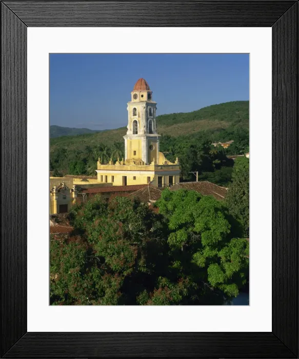 Framed Print : Tower of St. Francis of Assisi Convent church in the Old town, and hills behind at Trinidad Framed Print : Tower of St. Francis of Assisi Convent church in the Old town, and hills behind at Trinidad