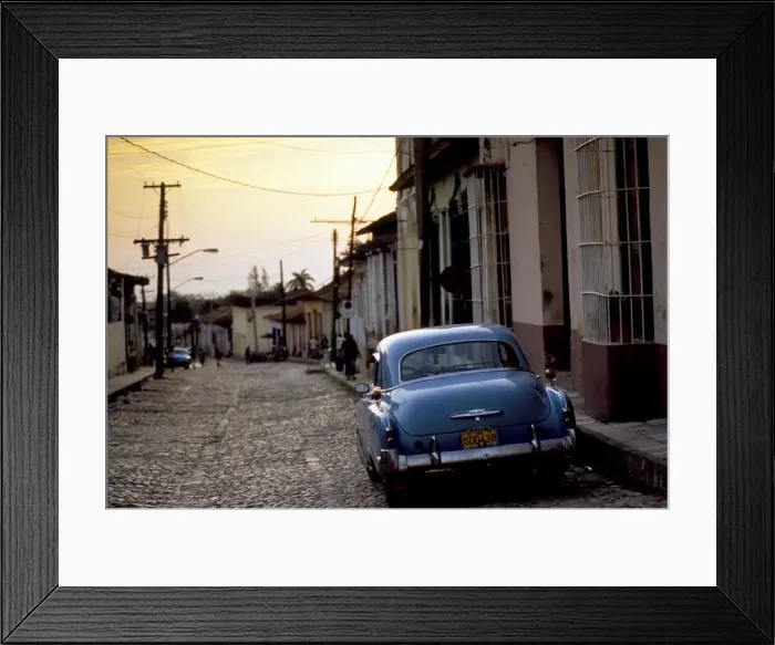 Framed Print : Cobbled street at sunset with old American car, Trinidad, Sancti Spiritus province Framed Print : Cobbled street at sunset with old American car, Trinidad, Sancti Spiritus province