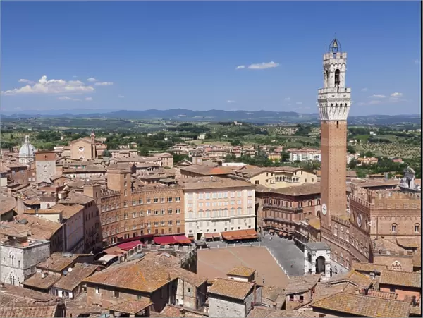 View over the old town including Piazza del Campo with Palazzo Pubblico town hall