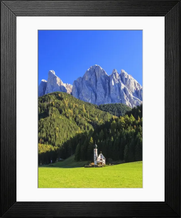 Framed Print : Church of Ranui surrounded by green meadows in autumn, St. Magdalena, Funes Valley Framed Print : Church of Ranui surrounded by green meadows in autumn, St. Magdalena, Funes Valley