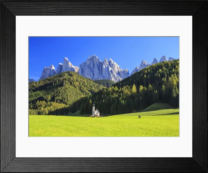 Framed Print : Church of Ranui surrounded by green meadows in autumn, St. Magdalena, Funes Valley Framed Print : Church of Ranui surrounded by green meadows in autumn, St. Magdalena, Funes Valley