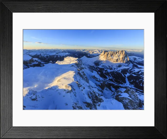 Framed Print : Aerial view of Sassolungo at sunset, Sella Group, Dolomites, Trentino-Alto Adige Framed Print : Aerial view of Sassolungo at sunset, Sella Group, Dolomites, Trentino-Alto Adige