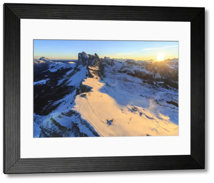 Framed Print : Aerial view of the Odle at sunset, Gardena Valley, Dolomites, Trentino-Alto Adige Framed Print : Aerial view of the Odle at sunset, Gardena Valley, Dolomites, Trentino-Alto Adige