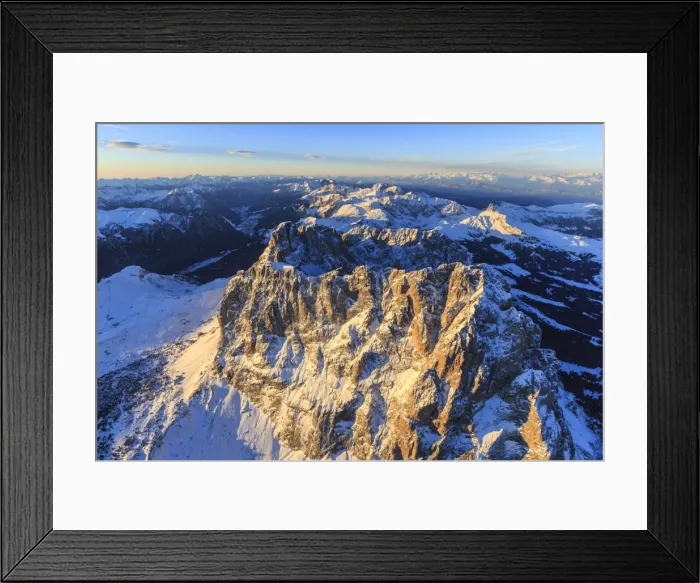 Framed Print : Aerial view of Sassolungo Sassopiatto and Grohmann peaks at sunset, Sella Group, Dolomites Framed Print : Aerial view of Sassolungo Sassopiatto and Grohmann peaks at sunset, Sella Group, Dolomites
