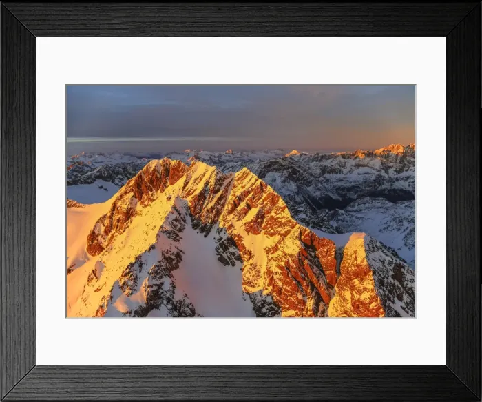 Framed Print : Aerial view of Mount Disgrazia and Bernina Group at sunset, Masino Valley, Valtellina Framed Print : Aerial view of Mount Disgrazia and Bernina Group at sunset, Masino Valley, Valtellina