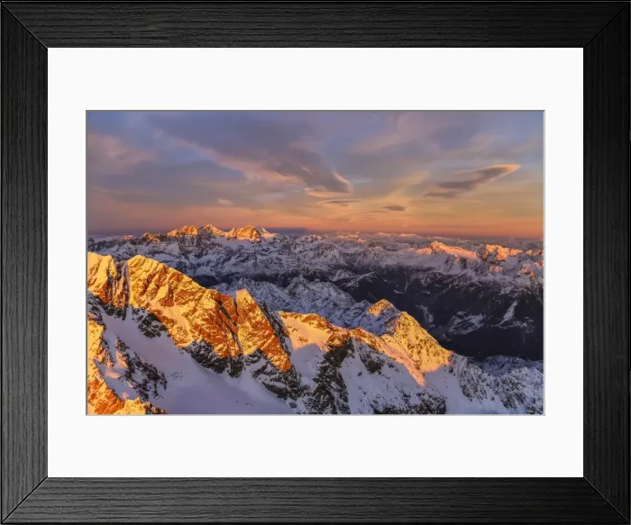 Framed Print : Aerial view of Mount Disgrazia and Bernina Group at sunset, Masino Valley, Valtellina Framed Print : Aerial view of Mount Disgrazia and Bernina Group at sunset, Masino Valley, Valtellina