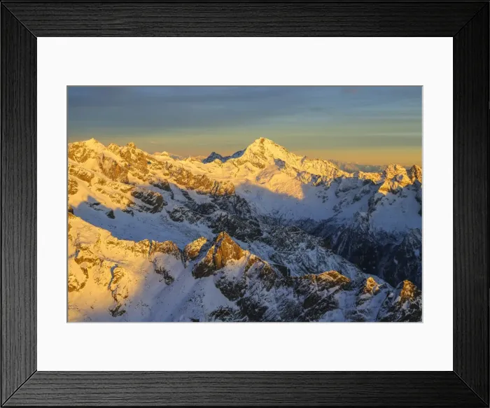 Framed Print : Aerial view of Mount Disgrazia at sunset, Masino Valley, Valtellina, Lombardy, Italy Framed Print : Aerial view of Mount Disgrazia at sunset, Masino Valley, Valtellina, Lombardy, Italy