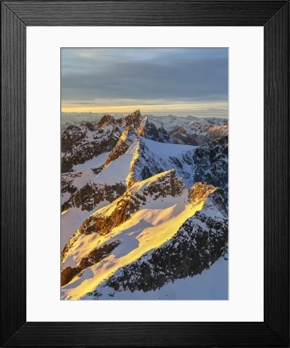 Framed Print : Aerial view of peaks of Ferro and Cengalo at sunset, Masino Valley, Valtellina, Lombardy Framed Print : Aerial view of peaks of Ferro and Cengalo at sunset, Masino Valley, Valtellina, Lombardy