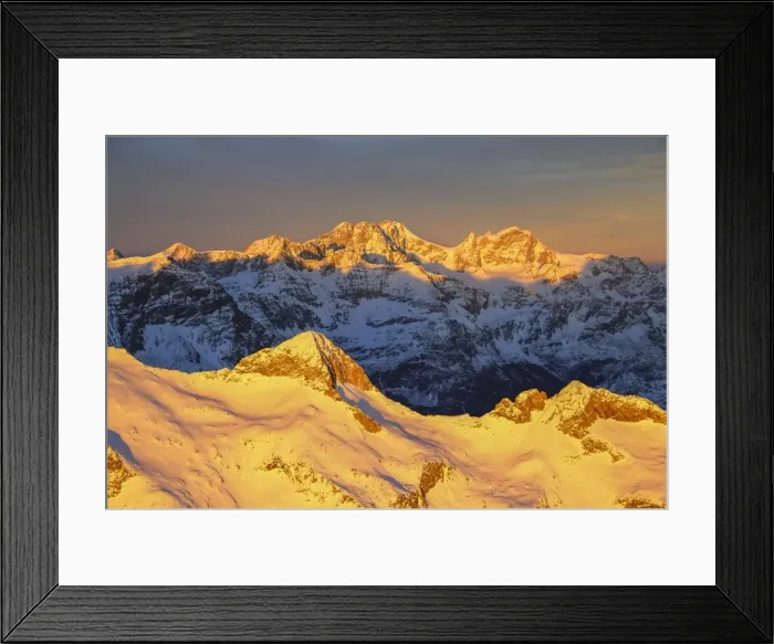 Framed Print : Aerial view of peak Baroni and Bernina Group at sunset, Masino Valley, Valtellina Framed Print : Aerial view of peak Baroni and Bernina Group at sunset, Masino Valley, Valtellina