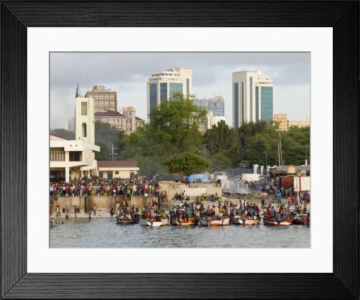 Framed Print : Fishing market with modern city behind, Dar es Salaam, Tanzania, East Africa, Africa Framed Print : Fishing market with modern city behind, Dar es Salaam, Tanzania, East Africa, Africa