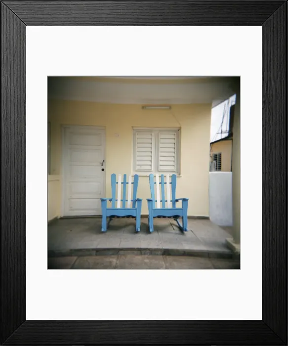 Framed Print : Blue and white chairs against a yellow wall, Vinales, Cuba, West Indies, Central America Framed Print : Blue and white chairs against a yellow wall, Vinales, Cuba, West Indies, Central America