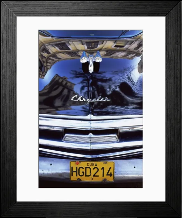Framed Print : Detail of classic black Chrysler car with reflections in paintwork, Havana Framed Print : Detail of classic black Chrysler car with reflections in paintwork, Havana