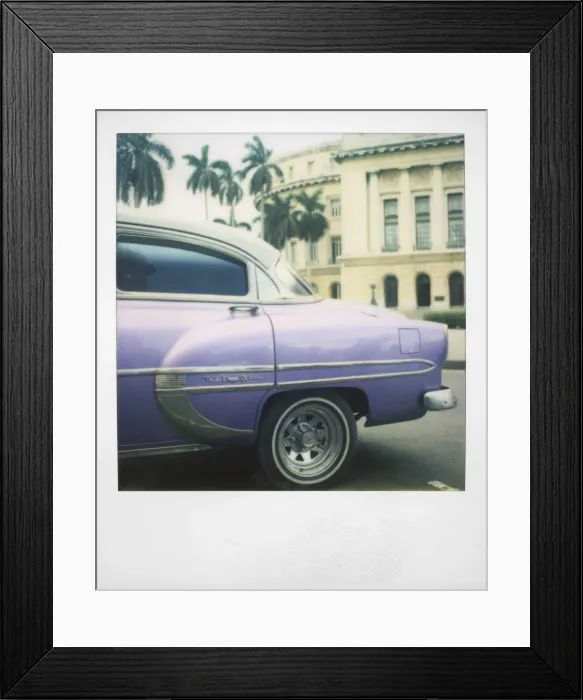 Framed Print : Polaroid of profile of purple classic American car outside the Capitolio Framed Print : Polaroid of profile of purple classic American car outside the Capitolio