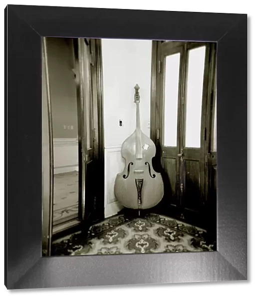 Image taken with a Holga medium format 120 film toy camera of double bass resting against wall inside Palacio de Valle, Cienfuegos, Cuba, West Indies