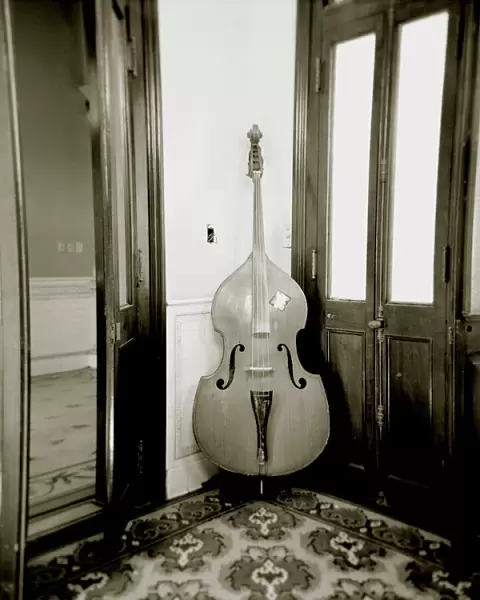 Image taken with a Holga medium format 120 film toy camera of double bass resting against wall inside Palacio de Valle, Cienfuegos, Cuba, West Indies
