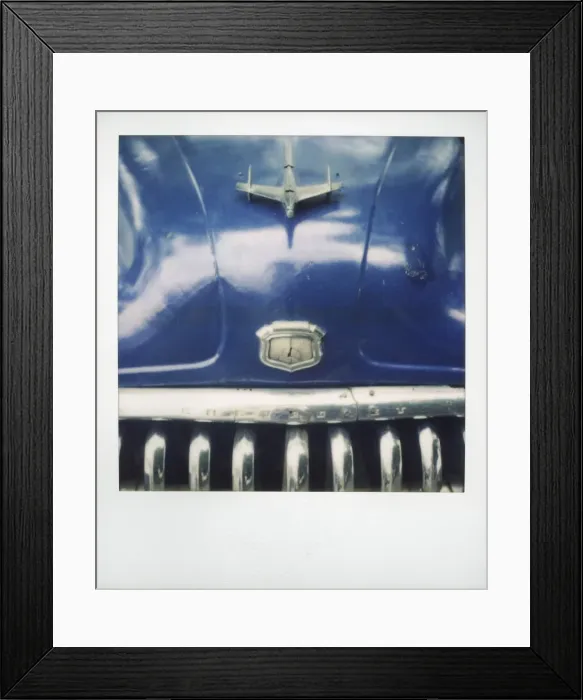 Framed Print : Polaroid of detail of bonnet and chrome grill of blue classic American car