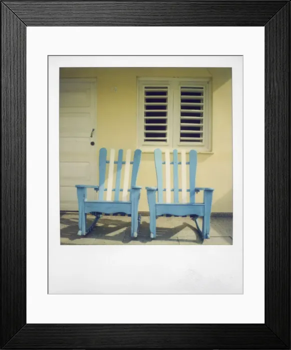 Framed Print : Polaroid of two chairs painted white and blue on porch of traditional house Framed Print : Polaroid of two chairs painted white and blue on porch of traditional house