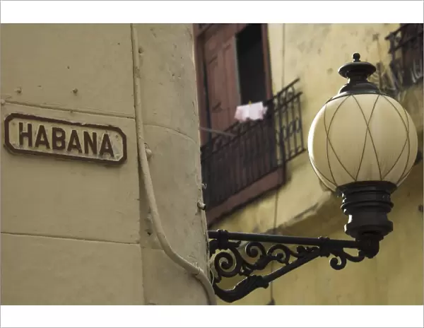 Habana street sign and lampost, Obispo Street, Havana Vieja, Havana, Cuba