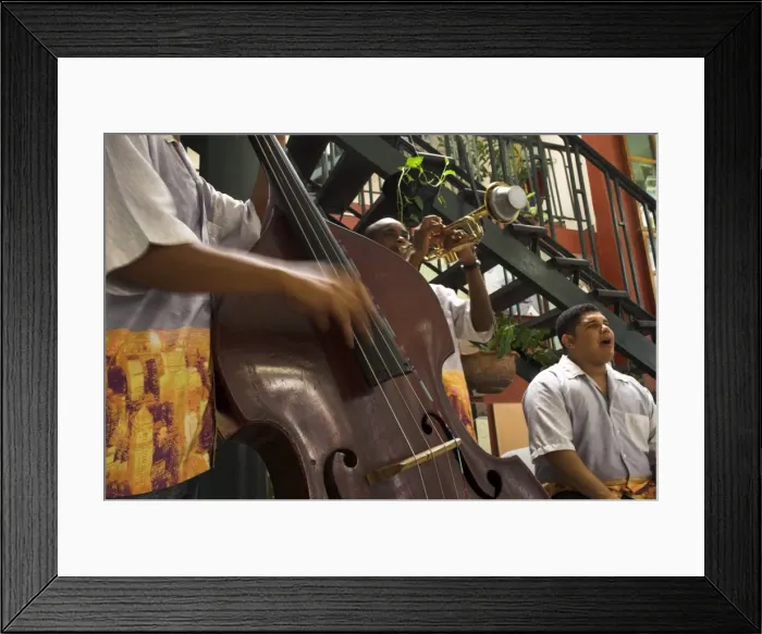 Framed Print : Close-up of counterbass with trumpet player, part of traditional band playing in a cafe Framed Print : Close-up of counterbass with trumpet player, part of traditional band playing in a cafe