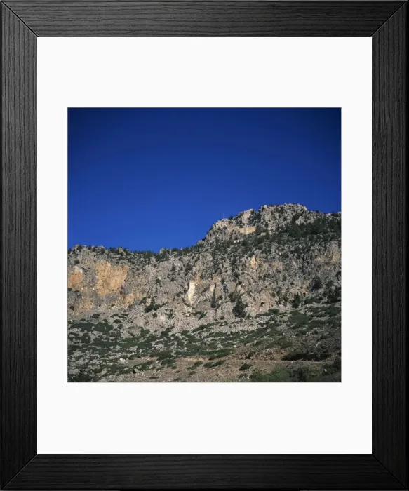 Framed Print : Byzantine watchtower rebuilt as a castle by Lusignans in 12th century, the highest of Kyrenian hill castles at 940m, at Buffavento, North Framed Print : Byzantine watchtower rebuilt as a castle by Lusignans in 12th century, the highest of Kyrenian hill castles at 940m, at Buffavento, North