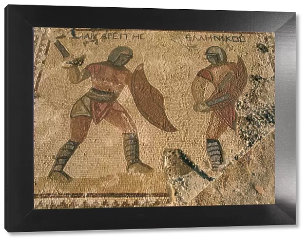 Detail of mosaic showing fighting warriors with swords and shields, Kourion