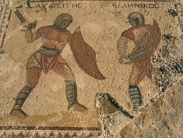 Detail of mosaic showing fighting warriors with swords and shields, Kourion