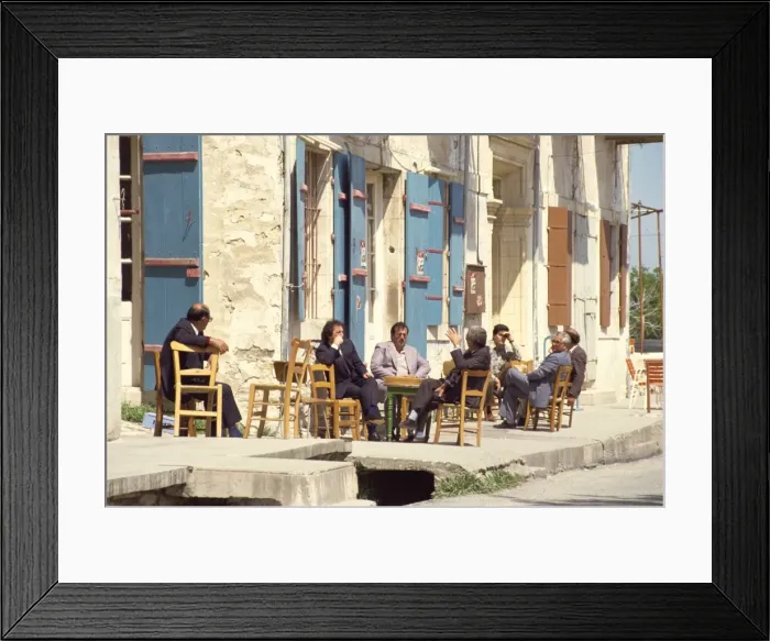Framed Print : Men sitting outside on the pavement, putting the world to rights, one Sunday morning in Lefkara Framed Print : Men sitting outside on the pavement, putting the world to rights, one Sunday morning in Lefkara