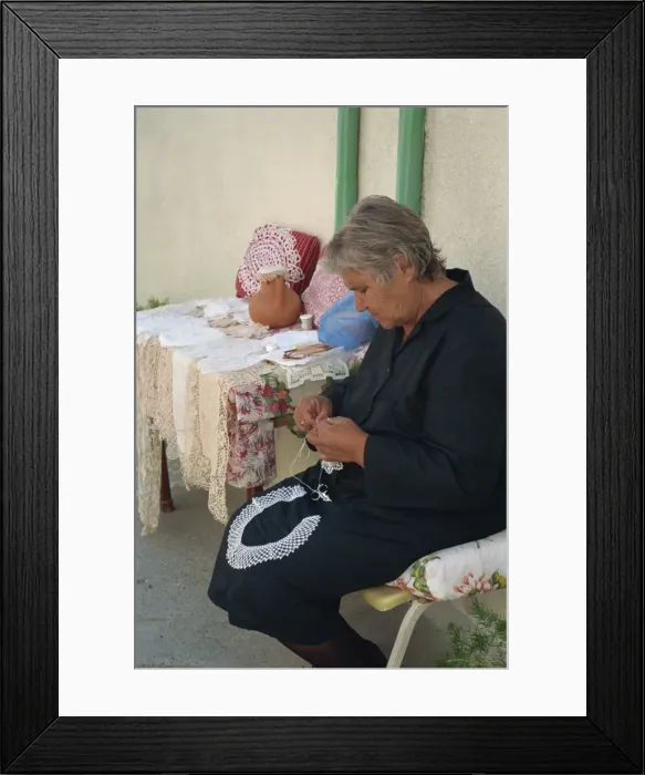 Framed Print : Portrait of an elderly village woman dressed in traditional black, making lace in the Troodos Mountains, Ommados, south of the island, Cyprus