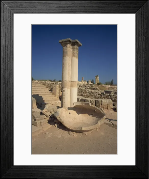 Framed Print : Stone pithos in the Palaestra with Temple of Apollo in the background in the ruins of Kourion Framed Print : Stone pithos in the Palaestra with Temple of Apollo in the background in the ruins of Kourion
