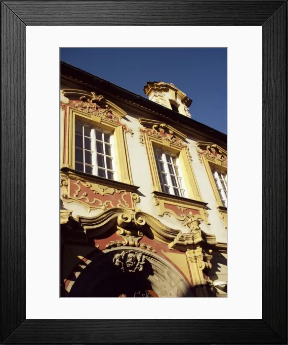 Framed Print : Ornate scrollwork over building housing art gallery, Litomerice, North Bohemia Framed Print : Ornate scrollwork over building housing art gallery, Litomerice, North Bohemia