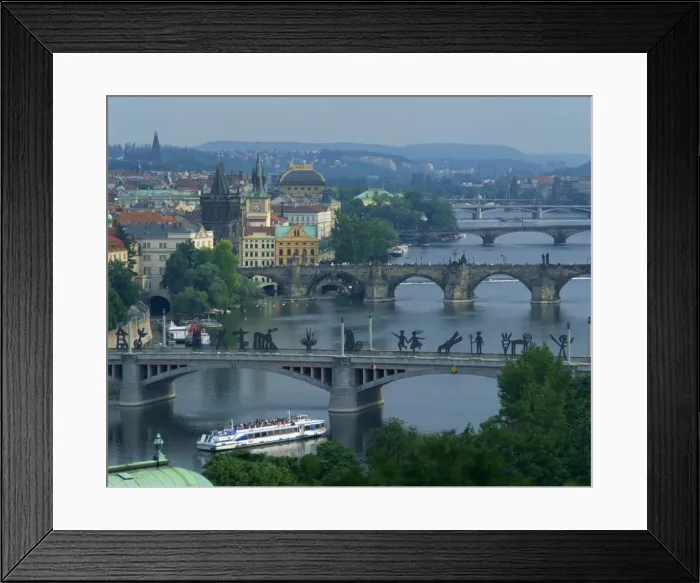 Framed Print : Modern sculpture on the Manesuv Bridge with the Charles Bridge behind, Prague Framed Print : Modern sculpture on the Manesuv Bridge with the Charles Bridge behind, Prague