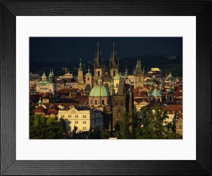 Framed Print : Aerial view of skyline of the Stare Mesto district including Tyn Church Framed Print : Aerial view of skyline of the Stare Mesto district including Tyn Church