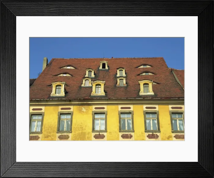 Framed Print : Close-up of dormer windows in the roof of a building in the market square of the medieval town of Cheb in Bohemia, Czech