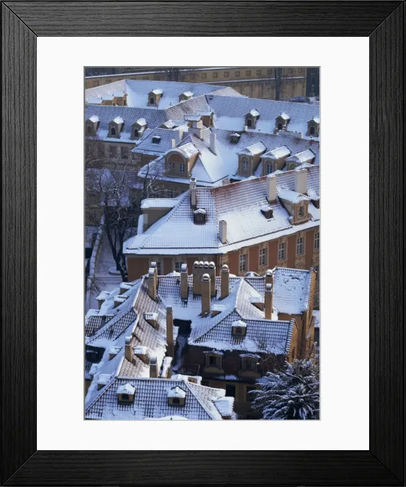 Framed Print : Aerial view of snow covering roofs in winter in the Lesser Town of Prague Framed Print : Aerial view of snow covering roofs in winter in the Lesser Town of Prague