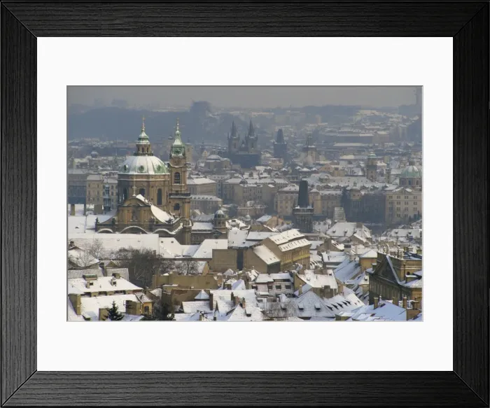 Framed Print : Skyline of the city of Prague in the winter, with snow on the roofs, Czech Republic Framed Print : Skyline of the city of Prague in the winter, with snow on the roofs, Czech Republic